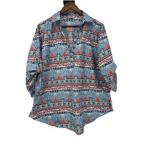 MPH Collection Blue Floral Shirt‎ Dress Plus 1X Bow Coquette Buttons Collar